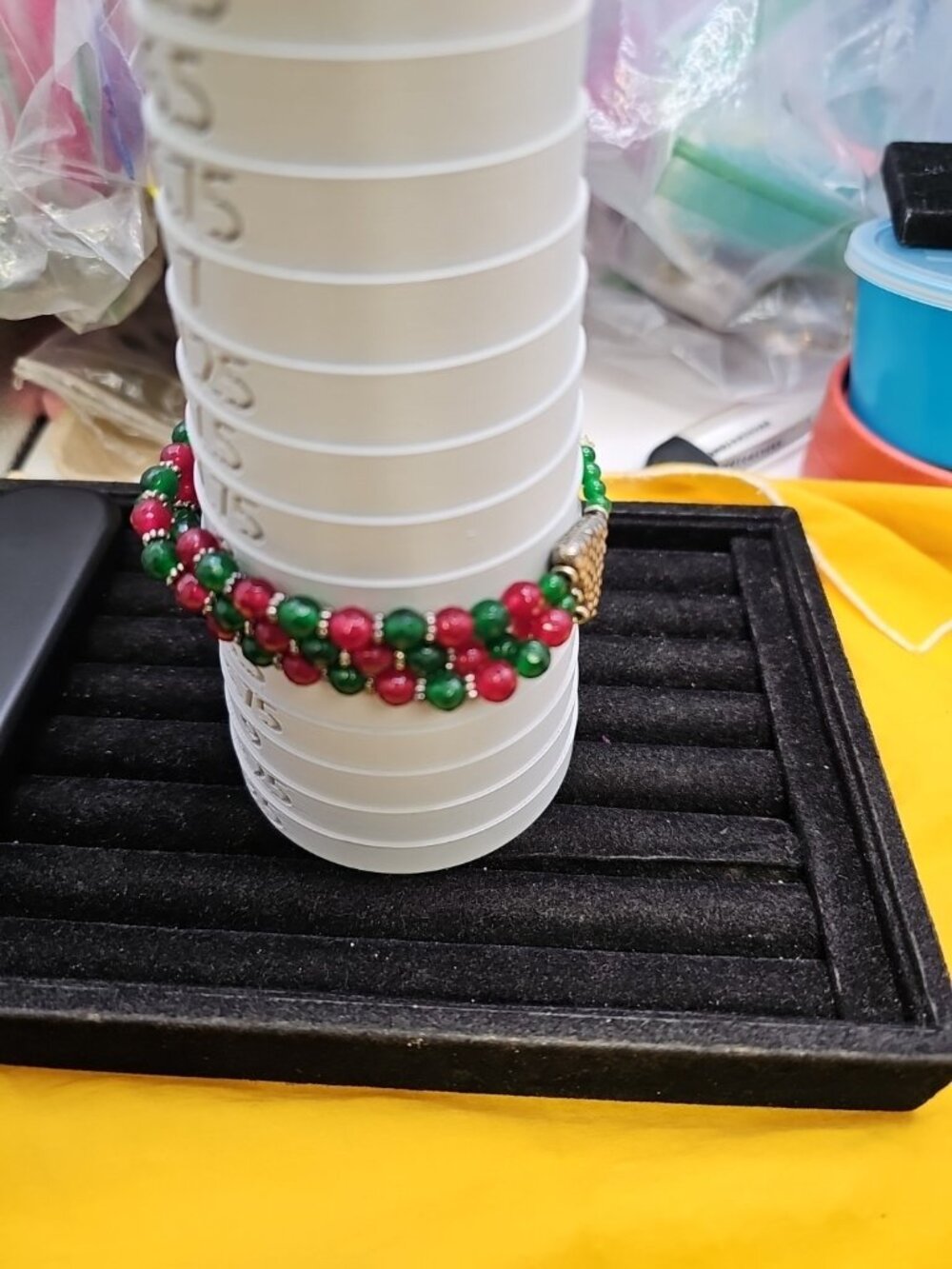 Bracelet 3 Strand Red& Green Faceted Beads Toggle Closure